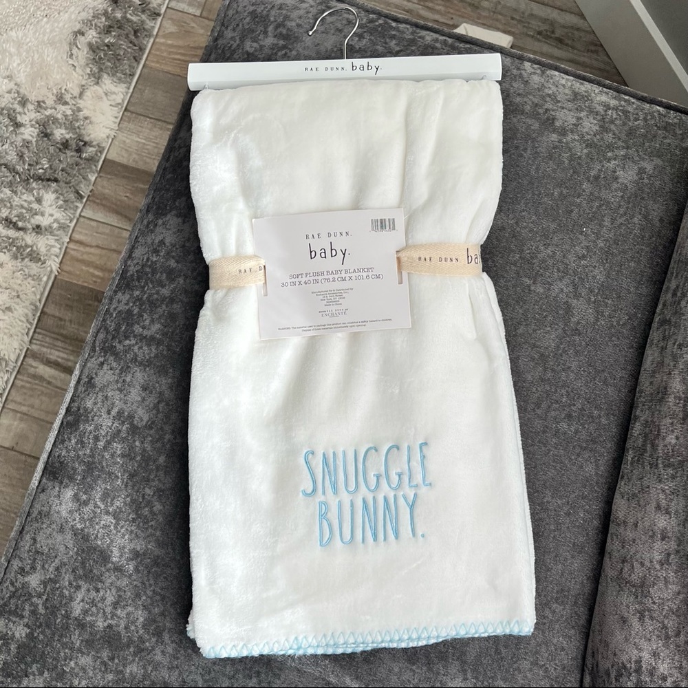 NWT Rae Dunn White/Blue ‘Snuggle Bunny’ Baby Blanket